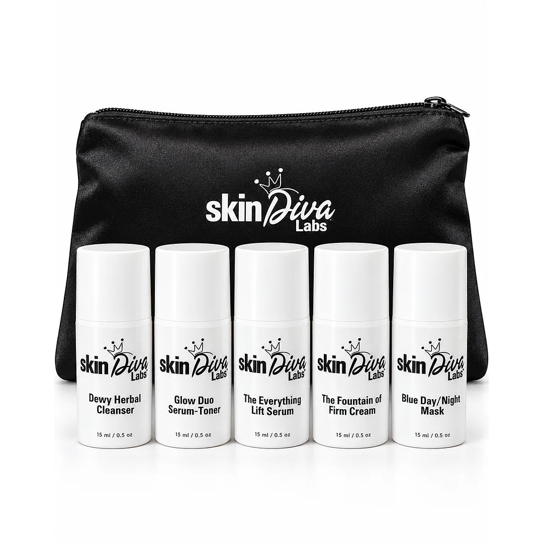 Complete Skin Diva labs travel kit with black satin pouch