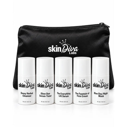 Complete Skin Diva labs travel kit with black satin pouch
