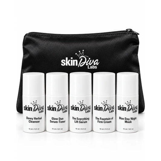 Complete Skin Diva labs travel kit with black satin pouch